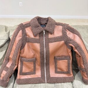 Shearling-Trim Brown Varsity Jacket